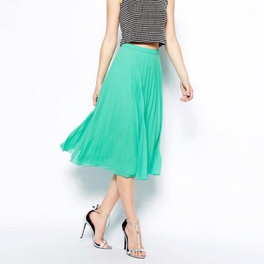 ASOS Green Pleated Midi Skirt